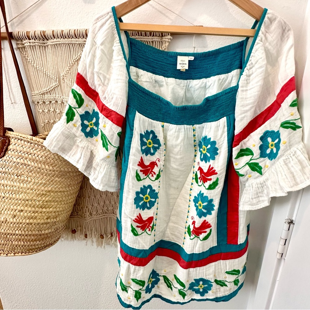 Anthropologie White and Teal Floral Tunic